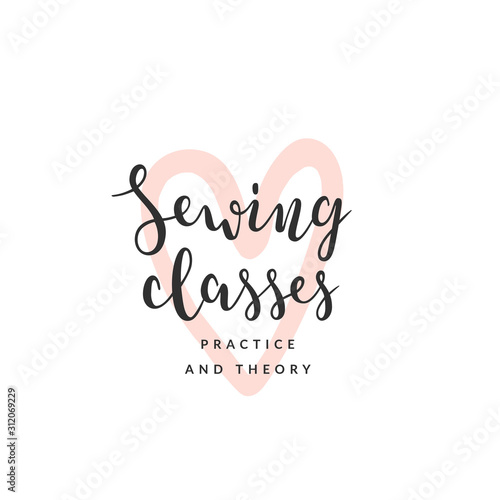 Pre-made logotype template for sewing classes, course or school. Handwritten elegant calligraphy, modern and simple lettering logo with abstract illustration. Good for workshop and craft lovers.