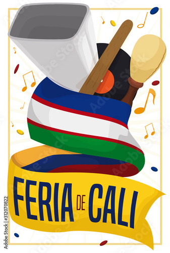 Ribbon, Flag and Musical Elements for Feria de Cali Celebration, Vector Illustration