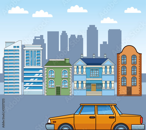 urban city scenery with classic buildings and yellow car, colorful design © Jemastock