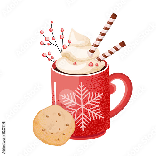 Hot chocolate cup. Christmas drink on winter background. Red mug of cacao to go. Seasonal banner.