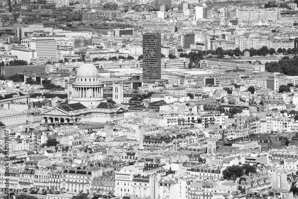 Paris, France - aerial view. Black and white vintage toned image.