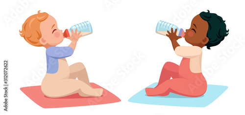 fair-skinned and dark-skinned babies drink baby formula from a bottle
