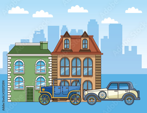 Fototapeta Naklejka Na Ścianę i Meble -  classic buildings and classic cars over urban city background