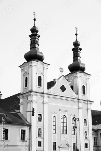 Canvas Print Targu Mures town in Romania. Black and white vintage style.