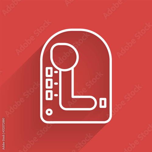 White line Gear shifter icon isolated with long shadow. Transmission icon.  Vector Illustration