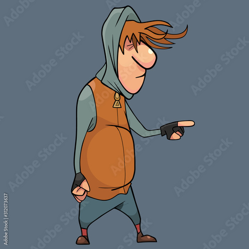 cartoon man with a long bang in the hood points a finger