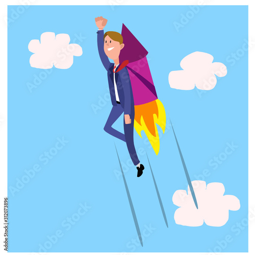 bussines man  flies on a rocket into space. 