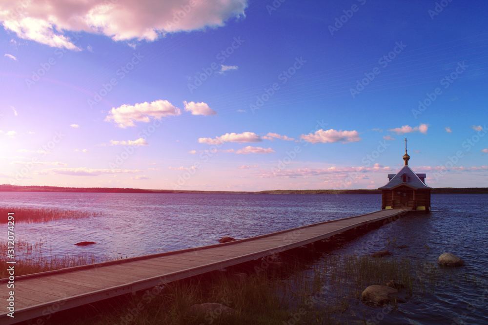 Lake bathhouse of Vazheozersky Spaso-Preobrazhensky male Monastery Interposelyok, Karelia, Russia