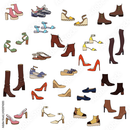 Women's shoes collection in color. Various types of female shoes. Hand drawn illustration.