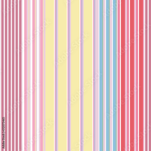 Vector seamless pattern pastel rainbow with yellow, pink, blue, purple, white vertical stripes.