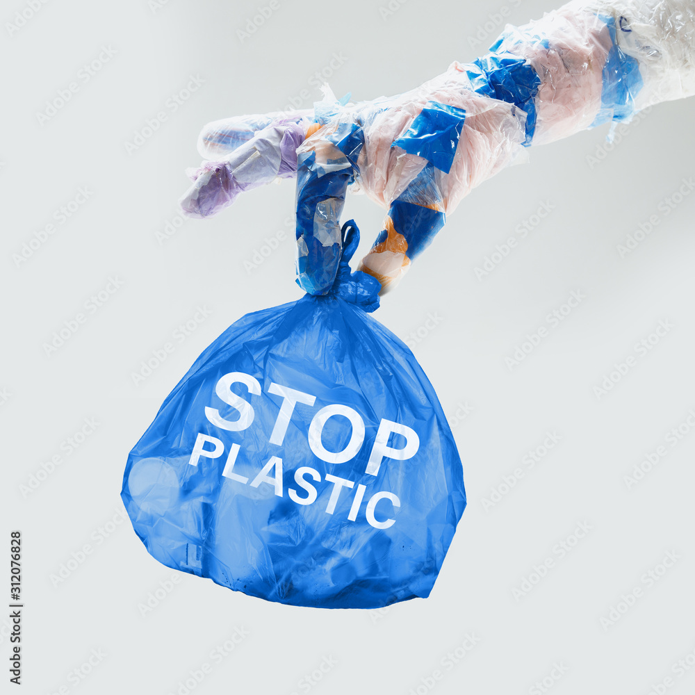 Concept of ecology disaster, environmental pollution, garbage. Stop plastic.  Negative space to insert your text or ad. Modern design. Contemporary  colorful and bright art collage. Unusual look. Photos | Adobe Stock