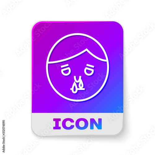 White line Runny nose icon isolated on white background. Rhinitis symptoms, treatment. Nose and sneezing. Nasal diseases. Rectangle color button. Vector Illustration