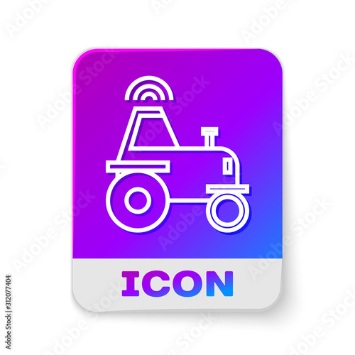 White line Self driving wireless tractor on a smart farm icon isolated on white background. Smart agriculture implement element. Rectangle color button. Vector Illustration
