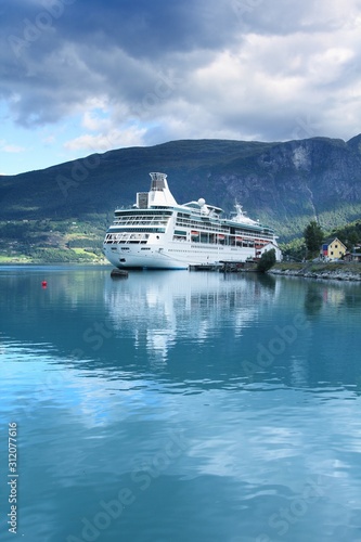 Cruise ship in Norway. Filtered colors style.