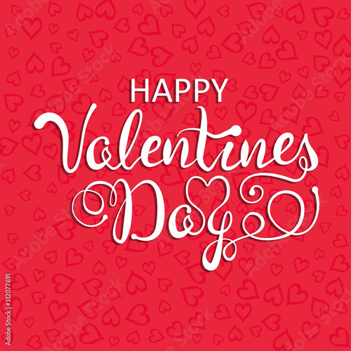 Happy Valentines Day calligraphy lettering poster with red heart. Hand drawing white text on sale banner. Vector Illustration celebration love eps10