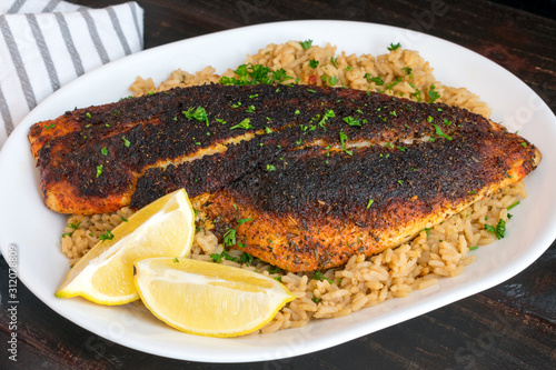 Cajun-style Blackened Red Snapper on Dirty Rice