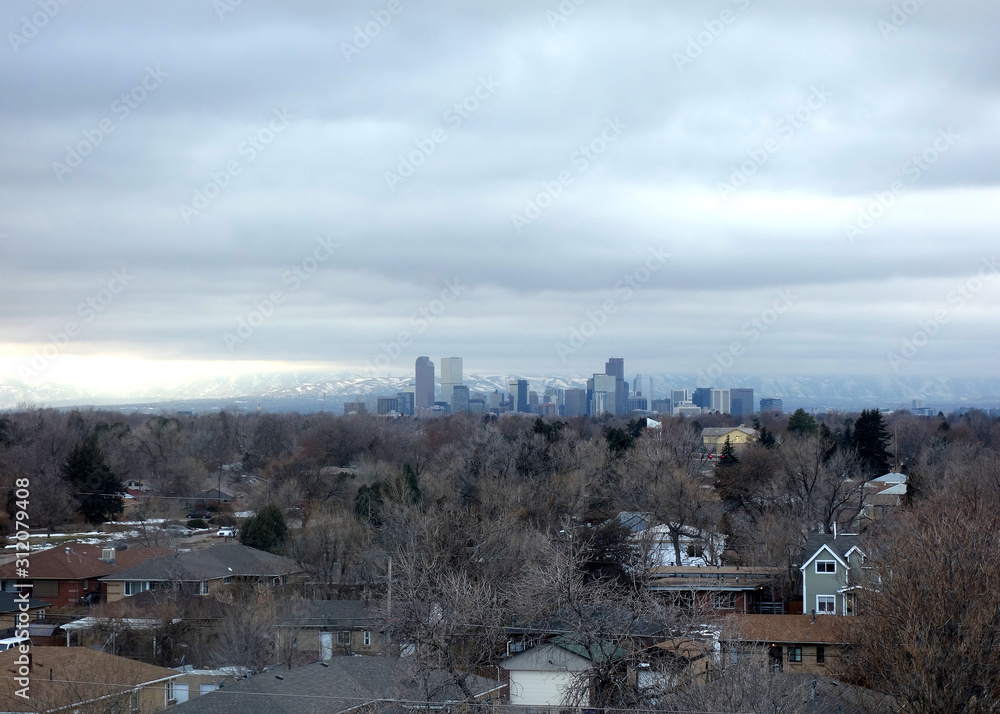 Denver, Colorado skyline as seen from the east on a wintery day