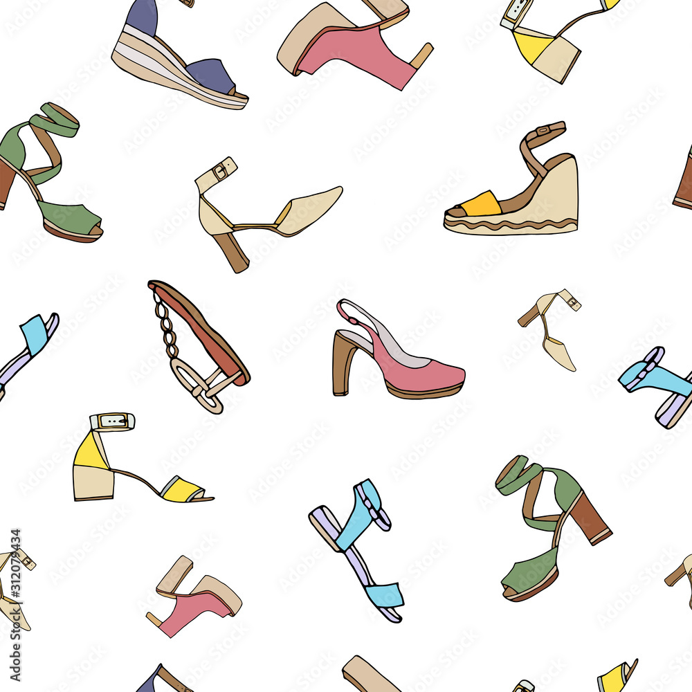 Obraz premium Seamless pattern with colorful women shoes on white background. Perfect for textile fabric print, wrapping, wallpapers, etc. Hand drawn.