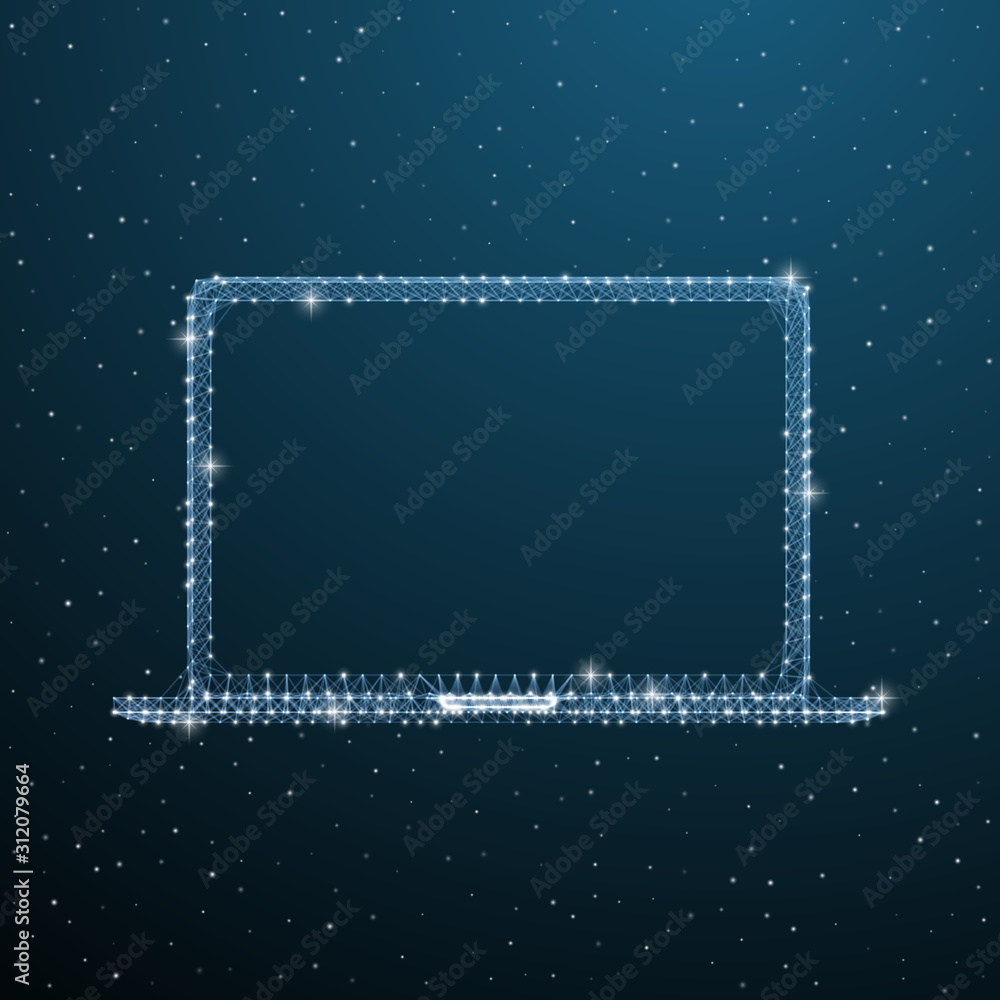 Obraz premium Open laptop polygonal concept. Wireframe portable computer mockup. Vector low poly digital device with screen monitor