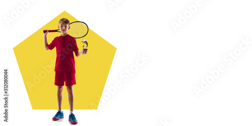 Professional tennis player practicing. Sportsman training on white background  flyer for your ad. Concept of competition  sport  healthy lifestyle  action  motion and movement. Geometric design.