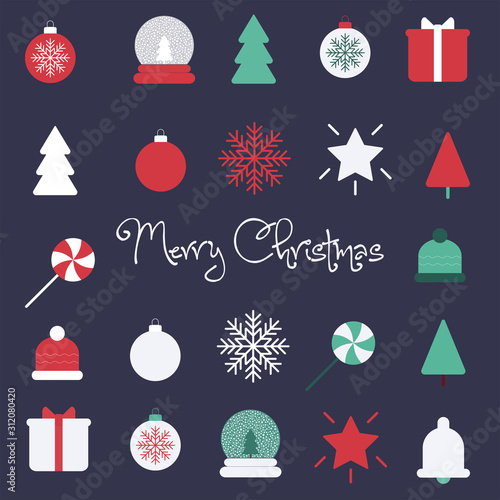 Set of New Year and X mas icons. Winter elements for greeting cards, posters, stickers and seasonal design. 