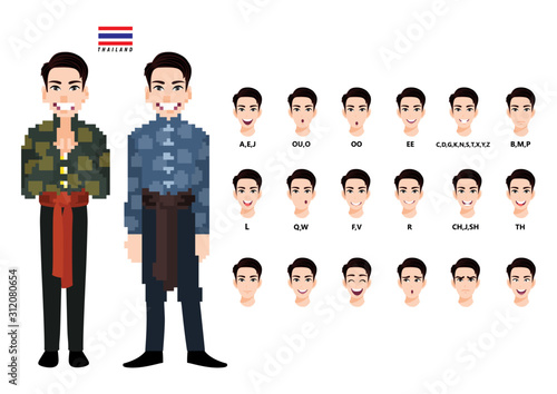 Thailand's male in traditional costume for animation. Lip sync and poses. Cartoon character flat vector