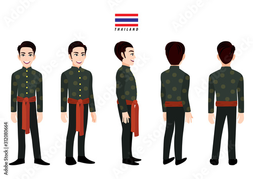 Thailand s male in traditional costume for animation. Front  side  back  3-4 view character. Cartoon character flat vector