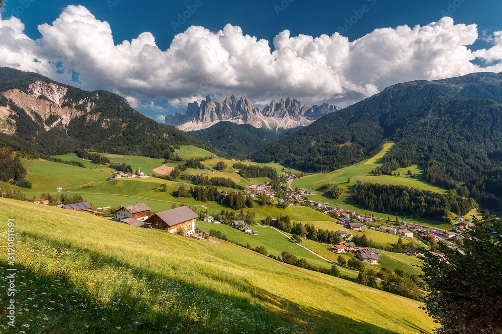 Incredible Nature landscape. Famous alpine place of the world, Santa Maddalena village with magical Dolomites mountains in background, Val di Funes valley, Trentino Alto Adige region, Italy, Europe