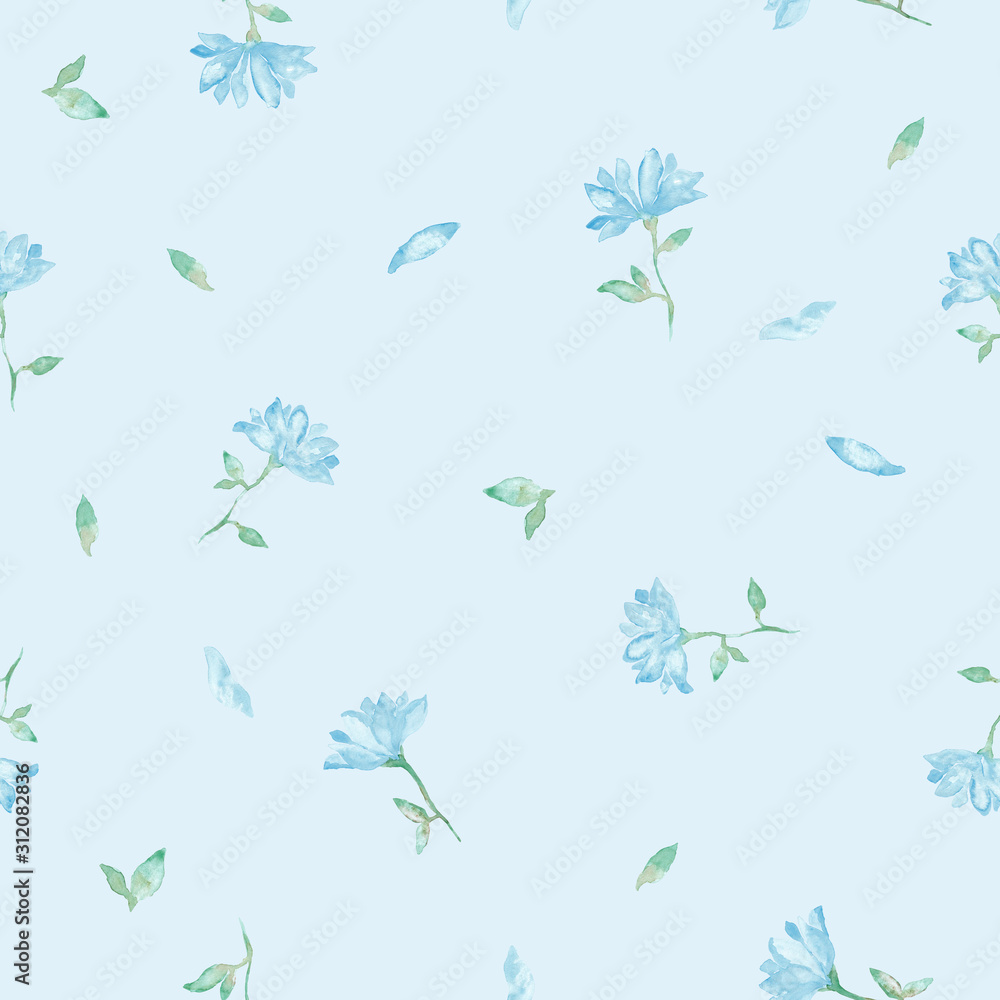 Little flowers blossom watercolor painting - hand drawn seamless pattern on blue background