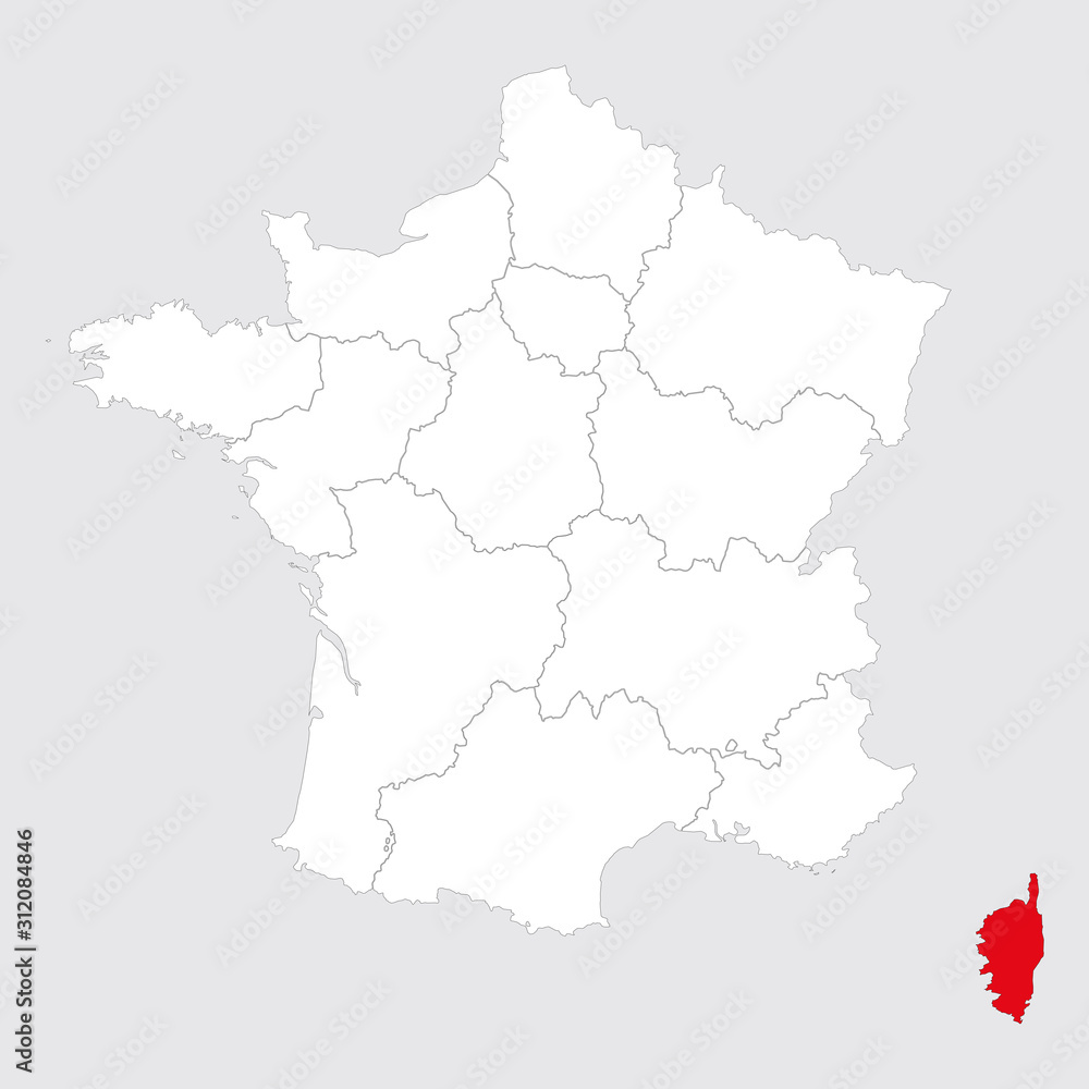 Ajaccio province marked red on france map. Gray background.