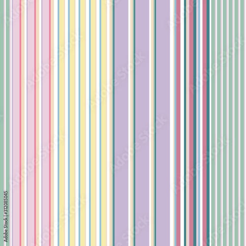 Vector seamless pattern pastel rainbow with yellow, pink, blue, green, purple, white vertical stripes