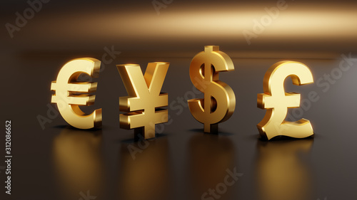 Golden color 3D currency symbols, currency icon. Euro, Yen, Dollar and Pound sign. Vector illustration.
