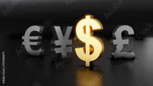 Photography 3D gold dollar sign isolated on set of currency symbols backgroundï¼Œ standout f