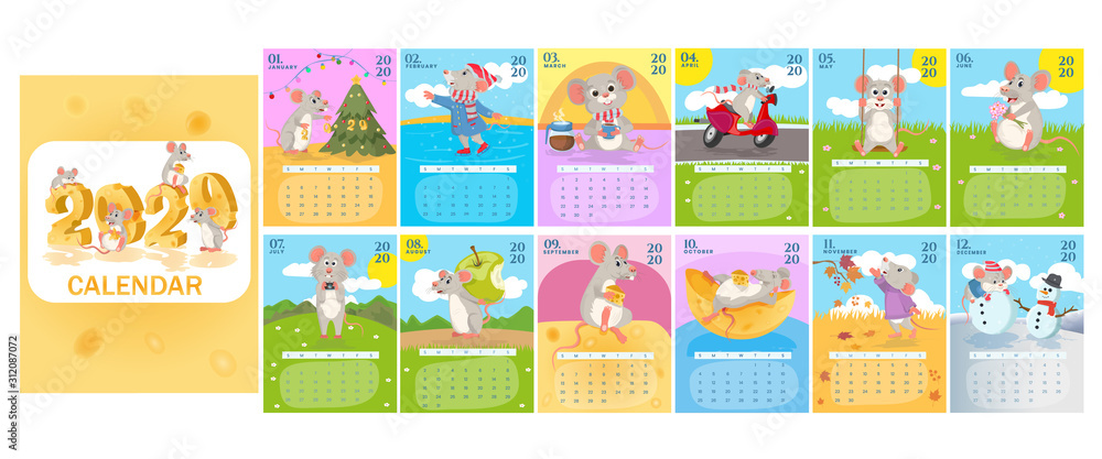 Monthly creative calendar 2020 with cute rats or mice. Symbol of the year in the Chinese calendar.