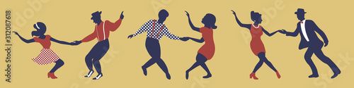 Horizontal banner with three dancing couples silhouettes in gold, red and blue colors. People in 1940s or 1950s style. Vector illustration.