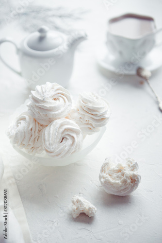 vanilla homemade marshmallows and cup of cocoa, white color
