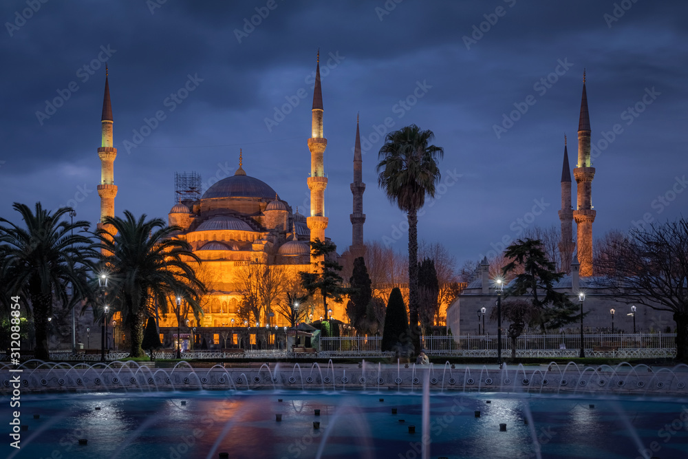 Beautiful view on Blue mosque at the rainy evening after the sunset