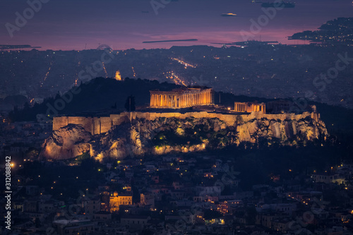Aerial view of the Acropolis and city of Athens seen at dawn from Lycabettus hill after the sunset, Greece