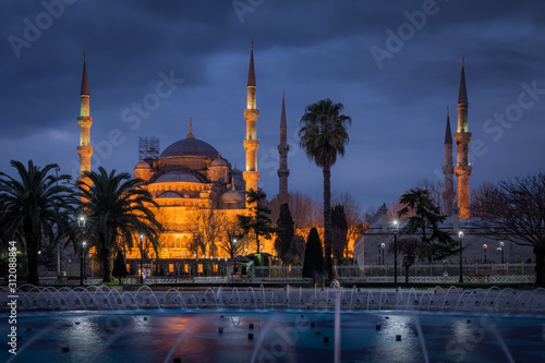 Beautiful view on Blue mosque at the rainy evening after the sunset