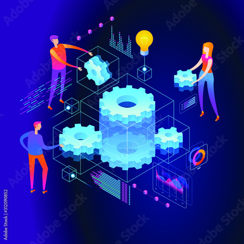 Mechanical concept. People links of mechanism. Industry development. Engine work. Men are engaged in business promotion. 3d vector isometric illustration.