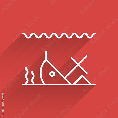 White line Sunken ship at the bottom of the sea icon isolated with long shadow.  Vector Illustration