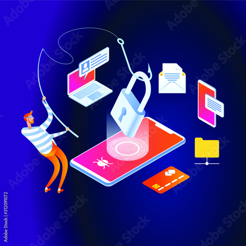 Hacker attack and web security vector concept, phishing scam. Netwrok and internet security. Anti virus, spyware, malware. 3d isometric vector illustration.