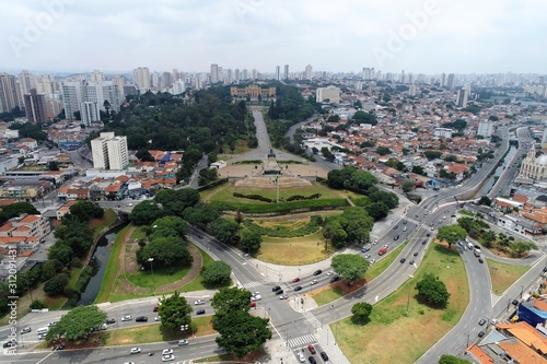 Aerial view of public Brazil's independence park and monument. Ipiranga, São Paulo, Brazil. Landmark of th city. Tourism point.