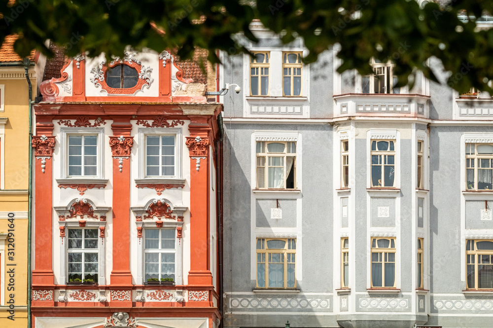 The facade of the old house. The Windows and decoration of walls in Litomerice, Czechia