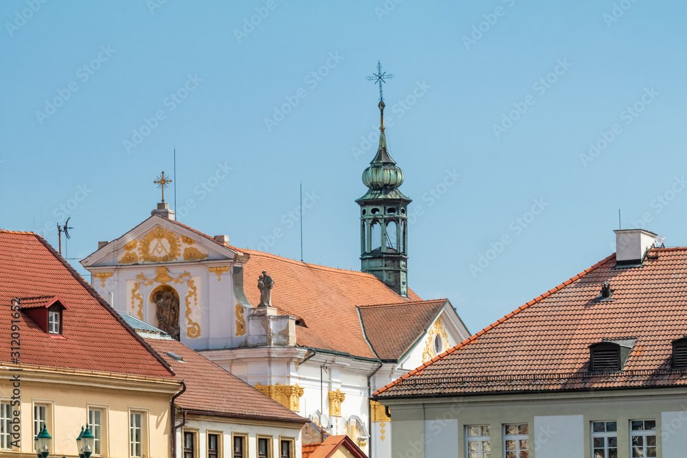 Historic houses on main square in Litomerice with blue sky, Simple and clean concept for wallpapers, Czech republic