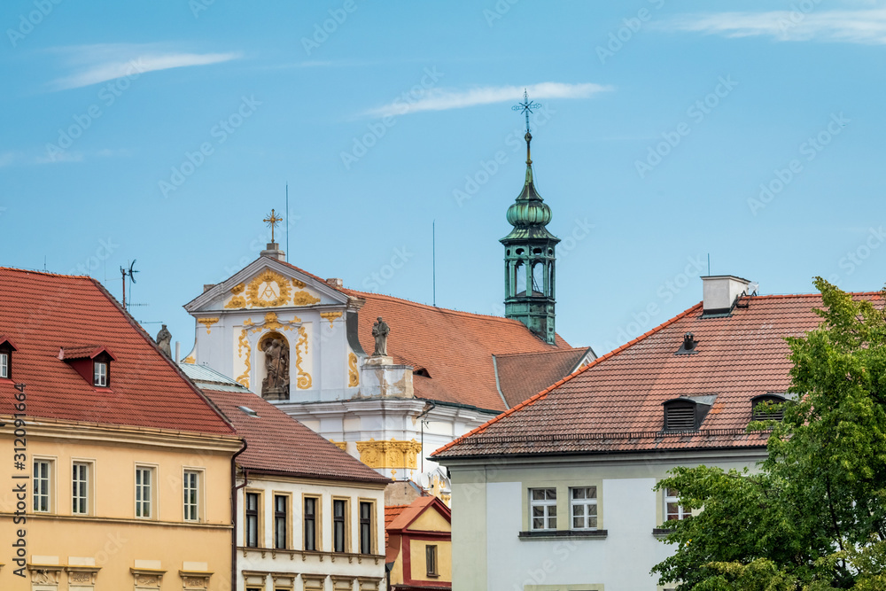 Historic houses on main square in Litomerice with blue sky, Simple and clean concept for wallpapers, Czech republic