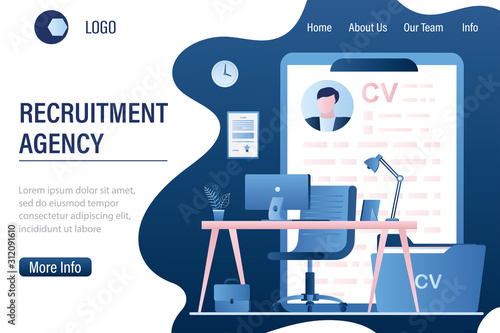 Recruitment agency landing page template. Empty workplace of HR specialist. Job interview, employment process,