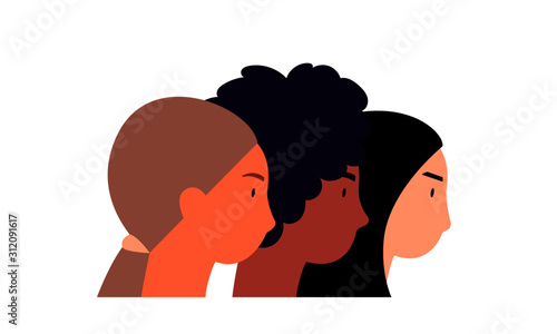 Women diversity vector illustration. Flat characters - young caucasian woman, African woman and asian woman - side view. International womens day, feminism, girl power, sisterhood concepts.