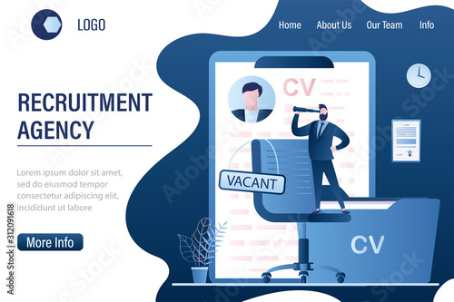 Male HR specialist standing on vacant chair. Recruitment agency landing page template.