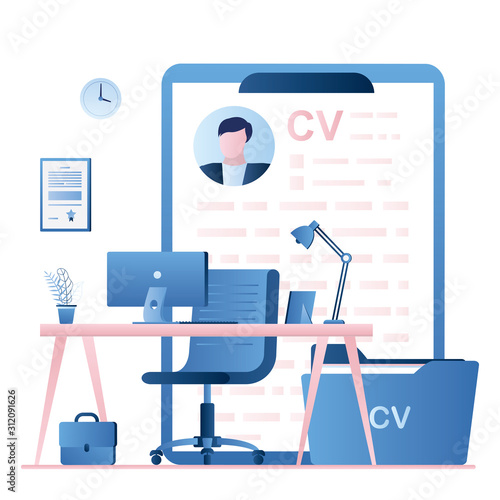 Empty workplace of HR specialist. Recruitment agency office. Job interview, employment process, choosing a candidate concept